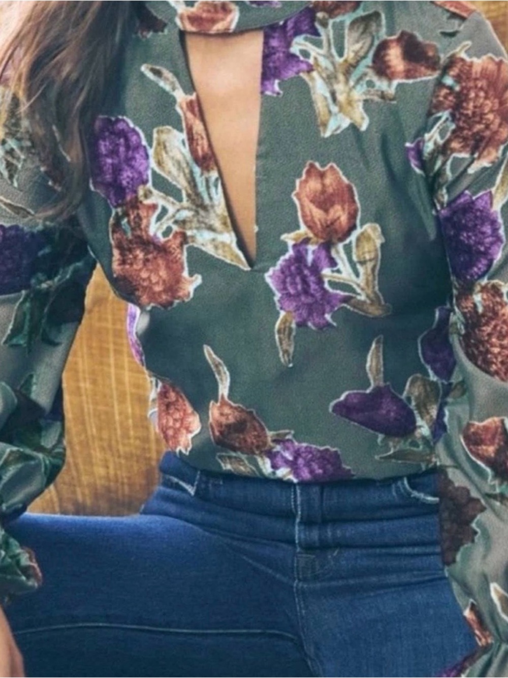 Saylor medium fall velvet floral Keyhole Long-Sleeve Top - Olive, Purple & Brown